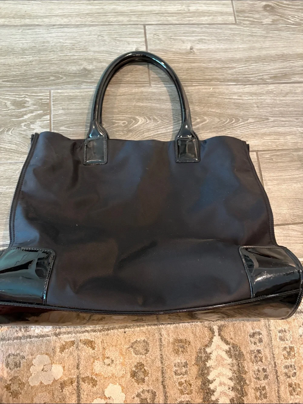 Tory Burch Ella Black Nylon Tote with Patent Logo